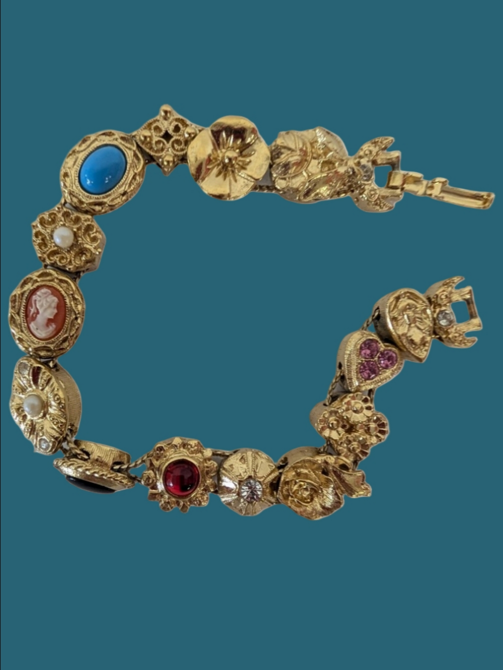 Vintage Bracelet Charm Slider With Cameo  Multi-Stone Turquoise, Red, Pink